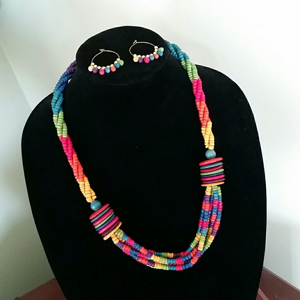 Vintage Wooden Beaded Necklace W/ Earrings